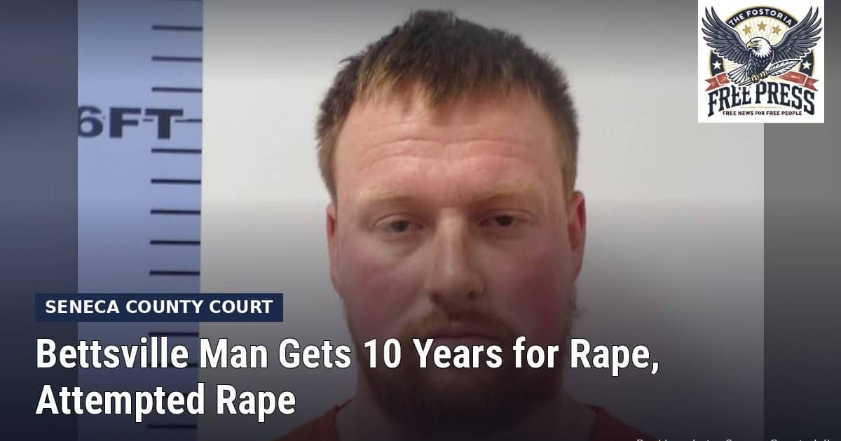 Fostoria News: Tyler Hossler booking photo, with headline: Bettsville Man Gets 10 Years for Rape, Attempted Rape